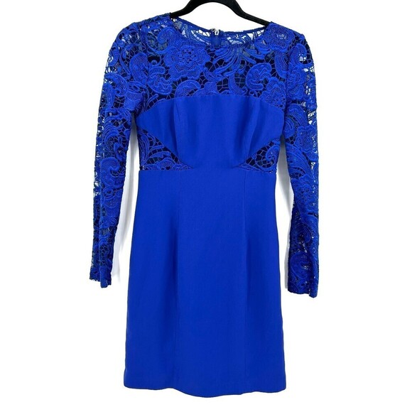 ML Monique Lhuillier Blue Lace Long Sleeve Bodycon Mini Dress Size 2